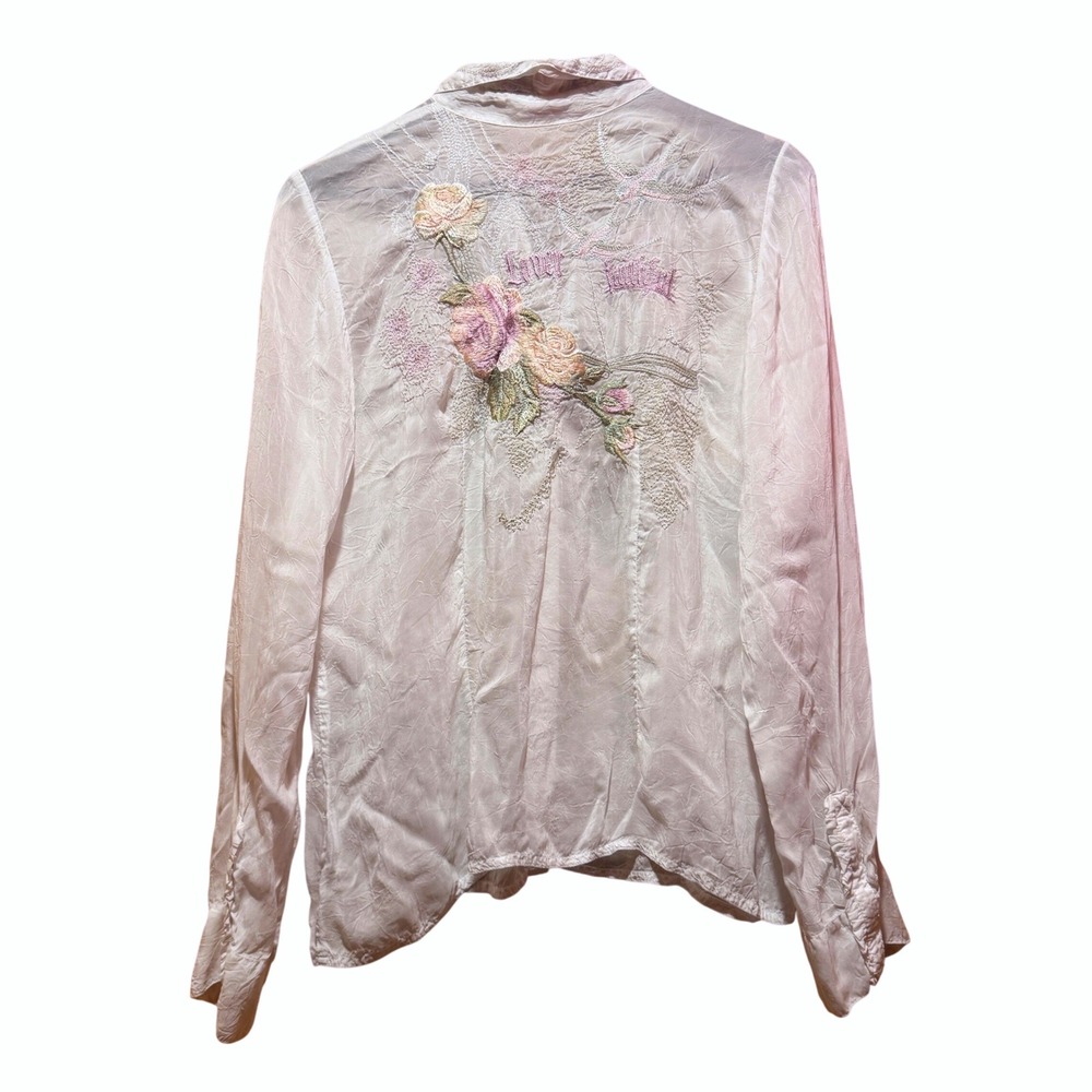 Johnny Was Embroidered Life & Liberty Sheer Blouse Flowers Wedding Bridal Btn Up